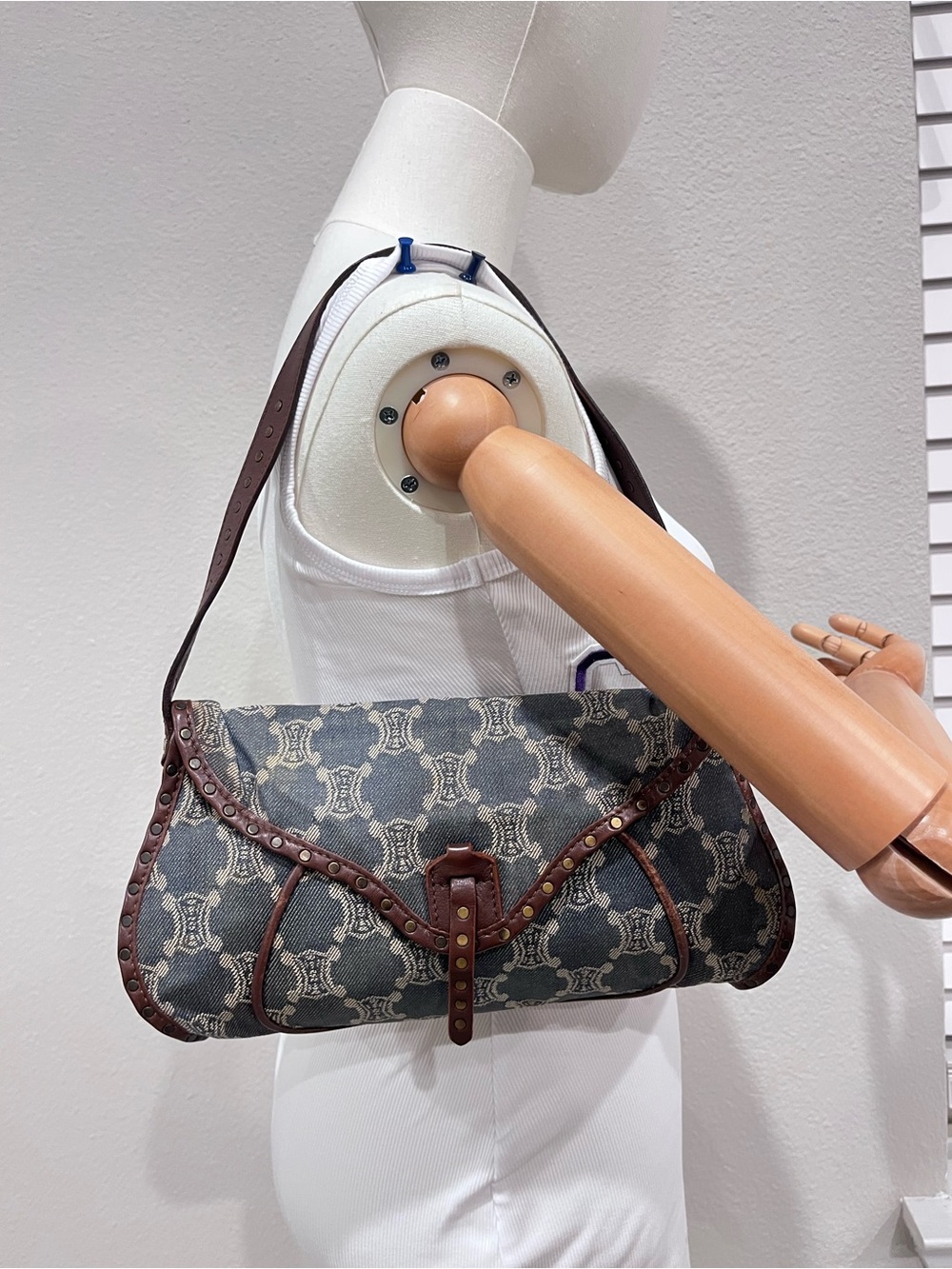 CELINE MACADAM MONOGRAM DENIM SHOULDER BAG.